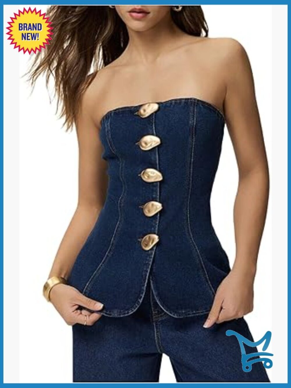 Women's Denim Tube Top Strapless Sleeveless Button Front Slim Fit Bandeau